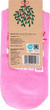 Różowe skarpetki, tył opakowania z etykietą przedstawiającą jemiołę. Widoczny skład, rozmiar i kod produktu.