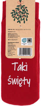 Czerwone skarpetki z bożonarodzeniową metką z jemiołą i napisem "Taki święty", widok z tyłu opakowania.