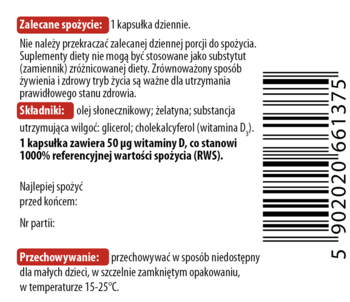 ApoD₃ FORTE Witamina D, tył opakowania. Widoczne składniki, dawkowanie 1 kapsułka dziennie i kod kreskowy.