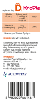APO D3 KroPle, tył opakowania suplementu diety z witaminą D, widoczna tabela składu, dane dystrybutora i barcode.