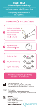 Ulotka testu ciążowego strumieniowego Bejbi Test, zielono-różowa, z instrukcją użycia i interpretacją wyników. Widok z przodu.