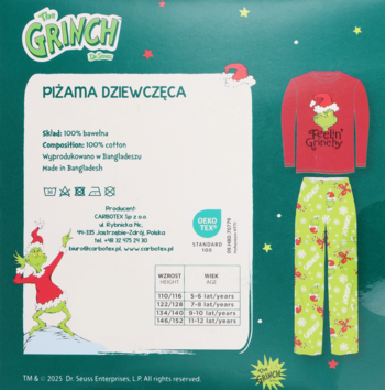Tył opakowania piżamy dziewczęcej Grinch: czerwona bluzka, zielone spodnie we wzory, tabela rozmiarów, opis produktu.