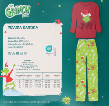 Opakowanie damskiej piżamy The Grinch: czerwona bluzka z Grinchem, zielone spodnie w świąteczne wzory, tabela rozmiarów.