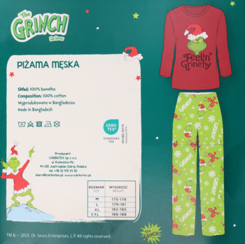 Męska piżama świąteczna Grinch: czerwona bluzka z nadrukiem i zielone spodnie w bawełniany wzór. Widok od góry.