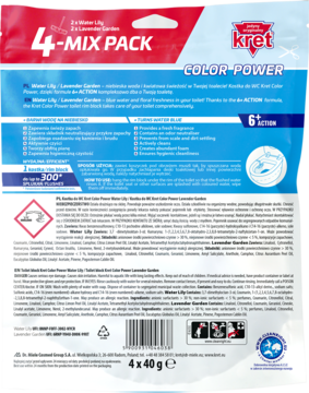 Tył opakowania Kret Color Power 4-MIX PACK kostka do WC z opisem działania 6+action, niebieska woda i świeżość.