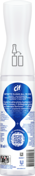 Tył butelki Cif Infinite Clean Uniwersalny Spray Sensitive Lotus + Mineral Salt, biała z niebieską etykietą i QR kodem.