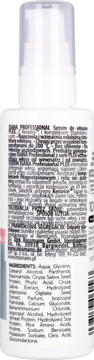 Isana Professional PLEX serum do włosów, biała butelka z pompką, tył opakowania z listą składników.