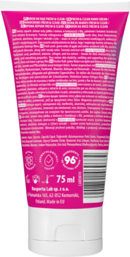 Tylna strona różowo-białej tubki kremu do rąk Semilac Fresh & Clean 75ml z tekstem o składnikach.