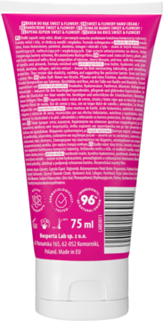 Tył różowej tubki Semilac Care Sweet & Flowery kremu do rąk 75 ml z opisem i składnikami.