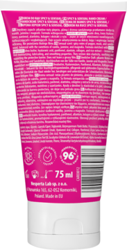 Różowy krem do rąk Semilac Spicy & Sensual, tył tubki z listą składników i opisem w wielu językach.