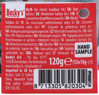 Tył czerwonego opakowania Becky's 120g z datą przydatności, kodem kreskowym i etykietą 'HAND SAMPLE'.