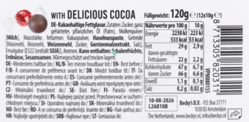 Tył opakowania wyrobów czekoladopodobnych z pysznym kakao, widoczna tabela wartości odżywczych i kod kreskowy.