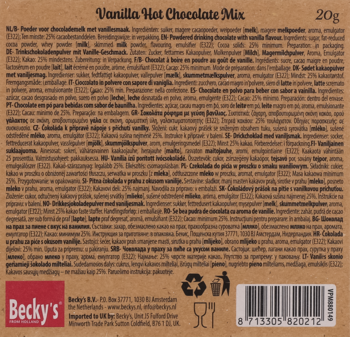 Becky's: tył brązowego opakowania Czekolady do picia o smaku waniliowym 20g, z tekstem i kodem kreskowym.