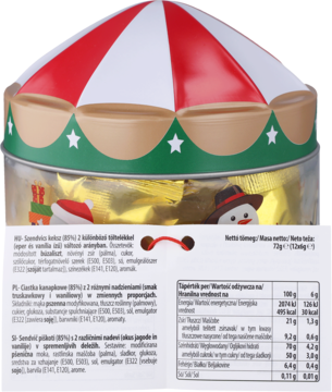 Tył świątecznego słoika Carrousel z ciasteczkami w złotych opakowaniach, z czerwoną karuzelą i etykietą składu.