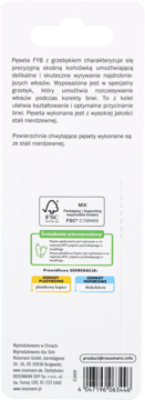 Tył opakowania pęsety FYB Rossmann z grzebykiem, opis, logo FSC, instrukcje recyklingu, dane firmy.