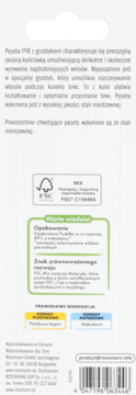 Tył opakowania pęsety FYB z grzebykiem, białe z polskim opisem, logo FSC, instrukcjami utylizacji i kodem.