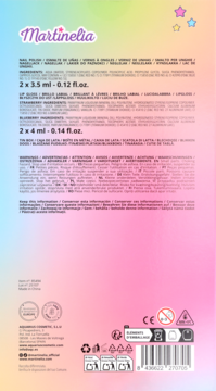 Tył opakowania zestawu kosmetyków Martinelia, zawierającego lakiery do paznokci i błyszczyki, na gradientowym tle.