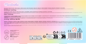 Tył opakowania produktu Martinelia, pastelowy gradient, liczne informacje, ostrzeżenia, symbole CE, 0-3 lata, kod EAN.