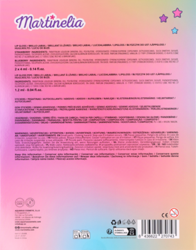 Tył opakowania kosmetyków Martinelia na pastelowym tle, z listą składników i ostrzeżeń.