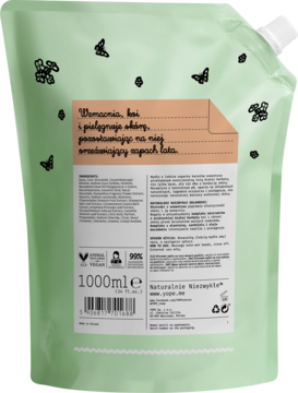 Tył zielonego opakowania uzupełniającego mydła Yope Osmanthus Biała Herbata 1000ml, z motylami.