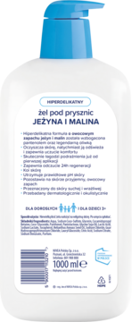 Tył białego żelu pod prysznic Jeżyna i Malina 1000ml z niebieską pompką, widoczne etykiety i skład.