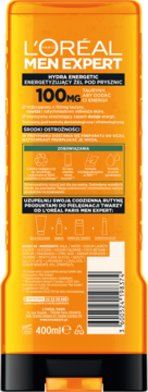 Tył pomarańczowego żelu pod prysznic L'Oréal Men Expert 400ml z informacjami o taurynie i składnikach.