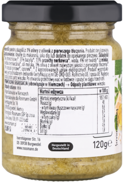 Tył słoika Pesto ala Genovese enerBIO z bazylią i 1% oliwy, etykieta z tabelą wartości odżywczych.
