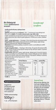 Tył opakowania enerBIO Grysik orkiszowy z pełnego ziarna. Zielona torba, tabela wartości odżywczych i instrukcje.