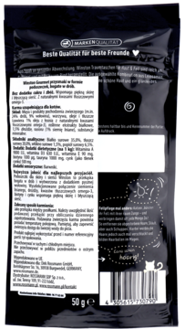 Tył czarnej saszetki Winston Gourmet przysmaków dla kotów, 50g. Opis produktu z drobiem, Omega-3 i poprawą sierści.