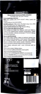 Tył czarnego opakowania Winston Gourmet kremowa przekąska dla kota z tuńczykiem, widoczny skład i tabela.