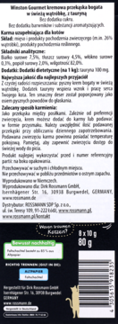 Tył opakowania Winston Gourmet kremowa przekąska dla kota 80g. Czarny karton z info o składzie i kodem.