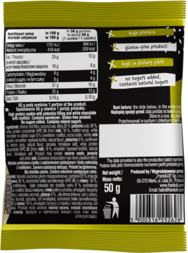 Tył opakowania ciastka proteinowego z pistacją, z tabelą wartości odżywczych, składem i hasłami marketingowymi.