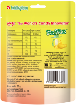 Tył żółtego opakowania bezglutenowych żelków Peelerz bananowych, z tabelą wartości odżywczych i kodem kreskowym.
