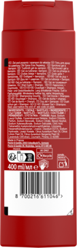 Tył opakowania Old Spice Legend 3w1 żel/szampon. Czerwona butelka 400ml, widoczna lista składników i kod.