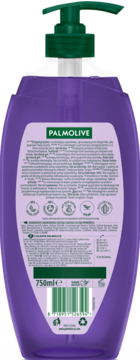 Tył fioletowego żelu pod prysznic Palmolive Aroma Essence Ultimate Relax, 750ml, lawenda i ylang ylang, wegański.