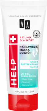 AA Help+ Naprawcza maska do stóp, biała tuba z czerwonym napisem HELP i niebieskimi detalami, widok z przodu.