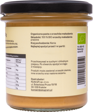 Ekogram The Real Macadamia Paste, tył szklanego słoika z czarną nakrętką, etykieta z BIO i składem.