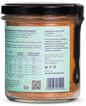 Tył szklanego słoika Pyłek mocy z pszczelim superfood i truskawką. Zielona etykieta z wartościami odżywczymi.