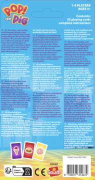 Tył pudełka gry karcianej Pop! the Pig. Widoczne zasady w wielu językach i przykładowe karty do gry.