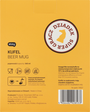 Tył karmelowego opakowania kufla Eloy 360 ml z logo GRACZ SUPER DZIADEK, tekstem producenta i kodem kreskowym.