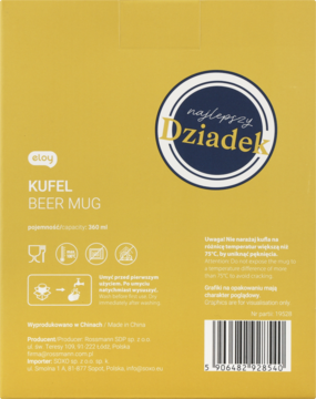 Żółte opakowanie kufla dla dziadka z napisem 'Najlepszy Dziadek', ikonami mycia i kodem, widok z przodu.