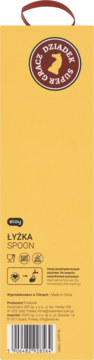 Tył żółtego opakowania na łyżkę z logo elay i „Super Dziadek”, instrukcje użytkowania oraz kod kreskowy. Produkt Made in China.