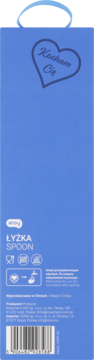 Niebieskie, podłużne opakowanie łyżki z napisem "Kocham Cię" w sercu, z instrukcjami mycia i kodem kreskowym.