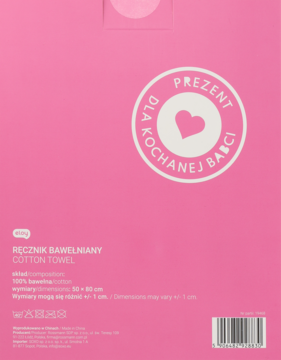 Różowe opakowanie ręcznika bawełnianego 50x90 cm z białym napisem "Prezent dla Babci" i sercem, 100% bawełna.