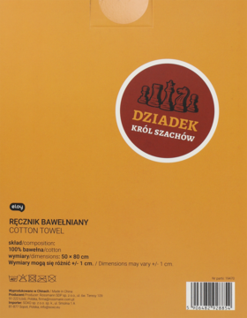 Tył pomarańczowego opakowania ręcznika bawełnianego z etykietą 'DZIADEK KRÓL SZACHÓW', 100% bawełna, 50x80cm.