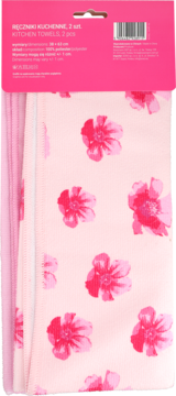 Różowe ręczniki kuchenne 100% poliester, 2 sztuki, z kwiatowym wzorem, widok z przodu opakowania.