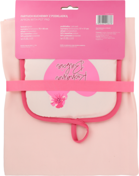 Tył opakowania: różowy fartuch kuchenny i biała podkładka z napisem "Królowa Balowa", złożone, z etykietą produktu.