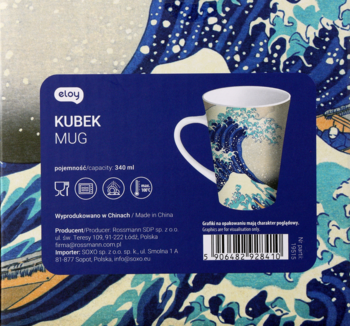 Etykieta kubka z falą Hokusai, widok z boku. Niebieska nalepka z danymi produktu i grafiką kubka 340 ml.