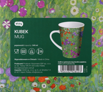 Opakowanie z kubkiem eloy o pojemności 340ml w kwiatowy wzór na zielonym tle. Widok z przodu.