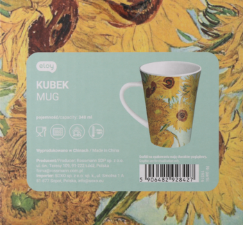 Etykieta kubka ceramicznego 340 ml z motywem słoneczników Van Gogha, widok z boku.